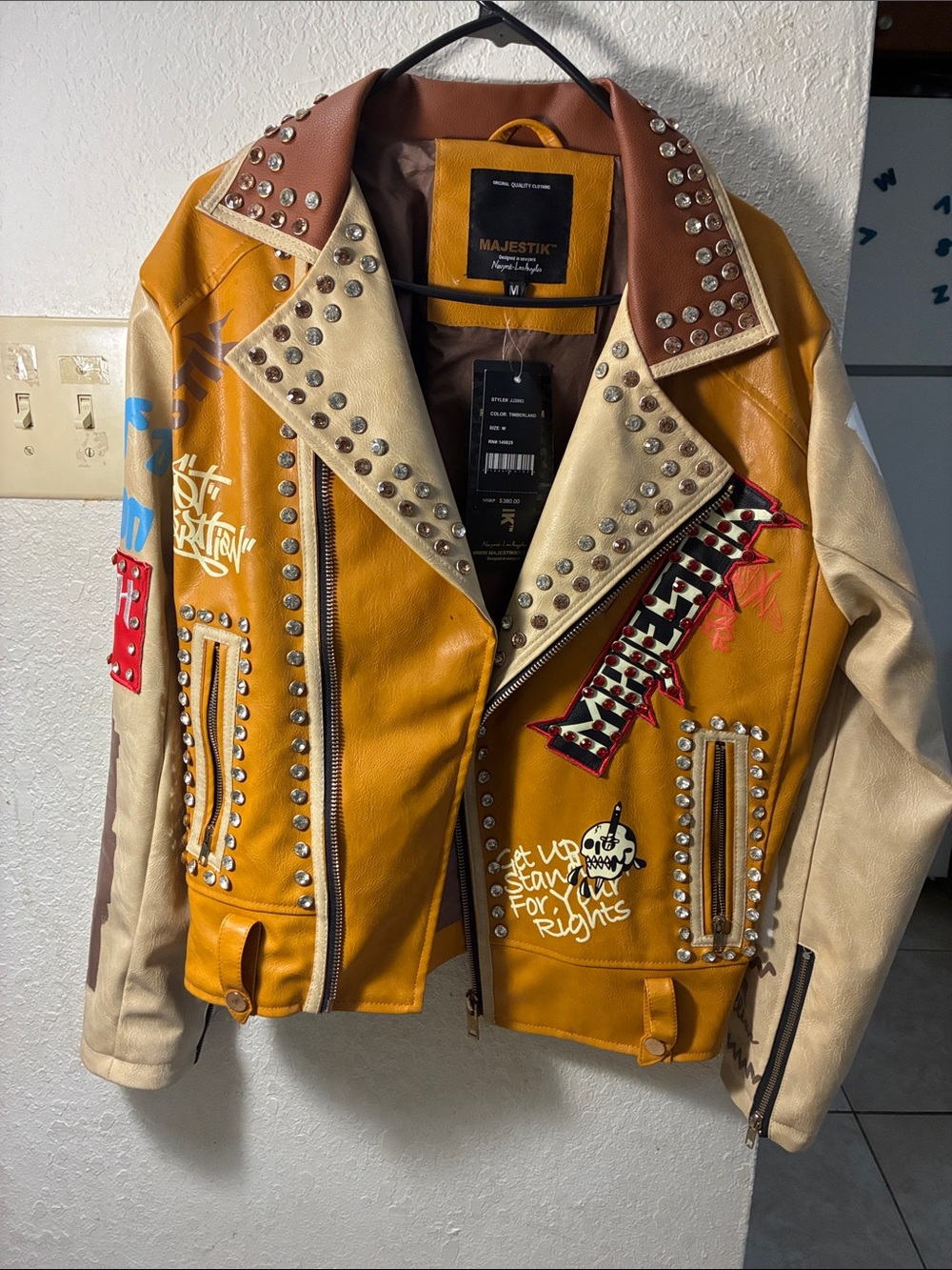 Majestic Mustard Yellow & Cream Studded Leather Bomber Jacket